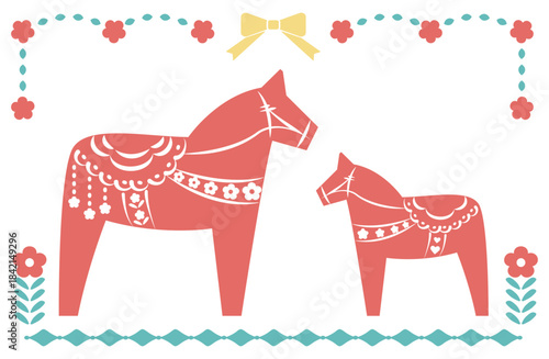 ダーラナホースの親子のイラストと可愛いお花のフレーム