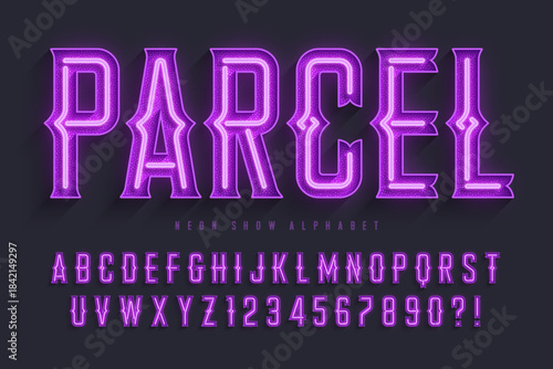 Retro circus alphabet design, cabaret, fairy neon lamps letters and numbers.