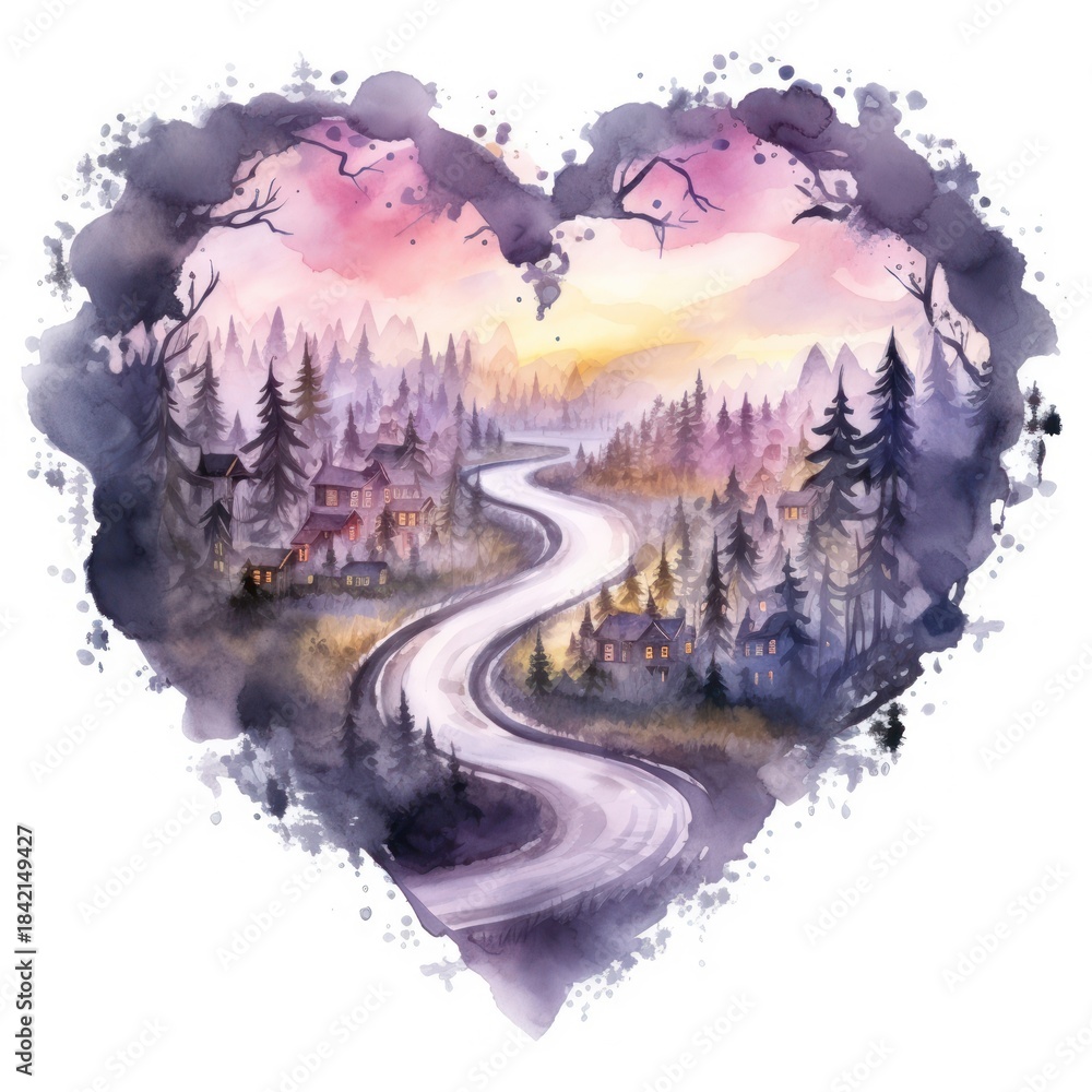 Naklejka premium Heart watercolor road landscape outdoors painting.