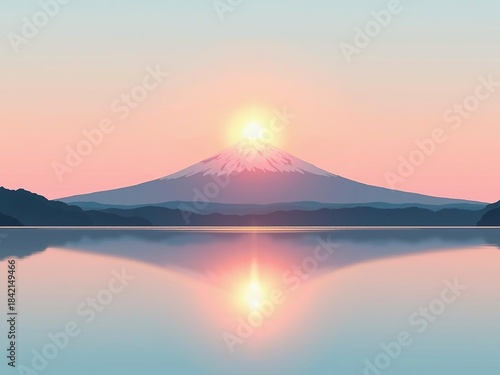 湖に映る富士山と朝日の美しい風景イラスト