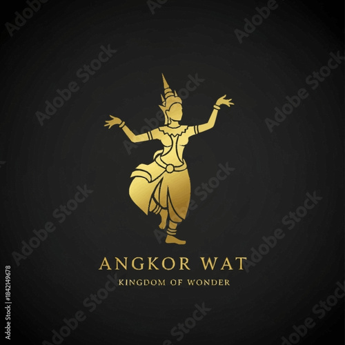 Golden silhouette of an Apsara dancer, a traditional Cambodian celestial nymph, with Angkor Wat text below, on a dark background.
