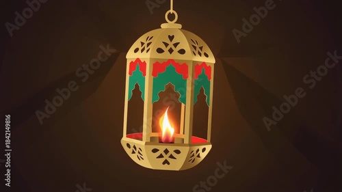Decorative lantern with candle flickering in warm ambient light during festive season