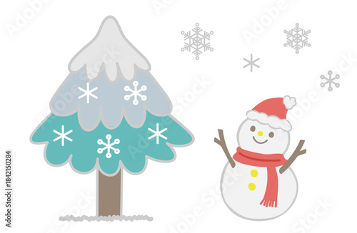 雪が積もった木と雪だるまのイラスト