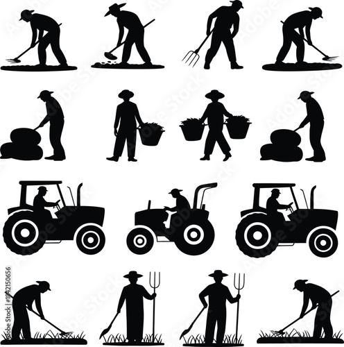 Collection of farmer and agricultural work silhouettes