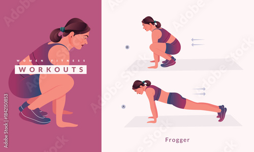 Frogger exercise, Woman workout fitness, aerobic and exercises