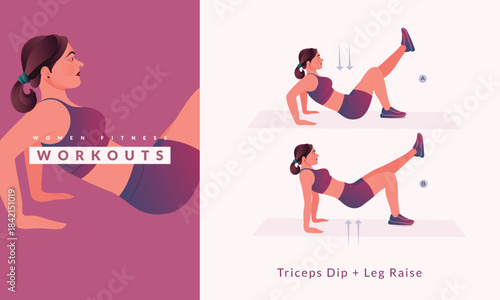 Triceps Dip with  Leg Raise exercise, Woman workout fitness, aerobic and exercises