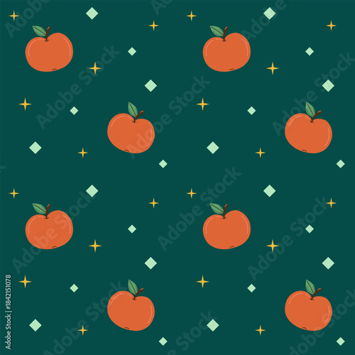 Seamless pattern with apple on green background. Autumn and harvest concept. Flat style vector illustration.