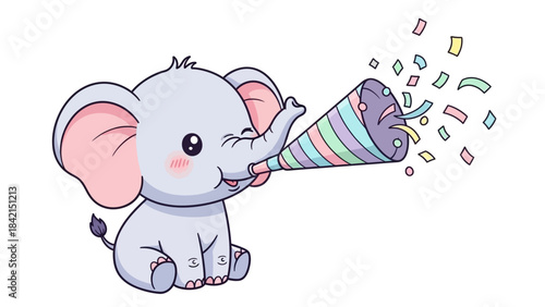 Cute Elephant Celebrating with Party Blower