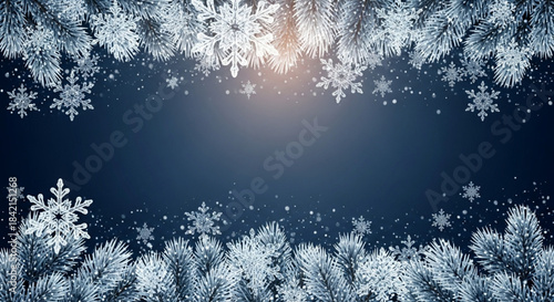 A dark blue winter background framed by frosted, snow-covered pine or fir branches and various white snowflakes. A soft light shines from the top center.