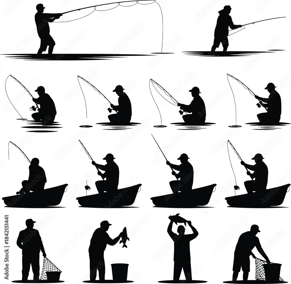 Fototapeta premium Collection of fisherman silhouettes in various poses