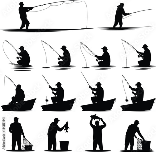 Collection of fisherman silhouettes in various poses