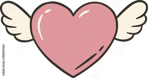 A stylized pink heart with white wings on a white background