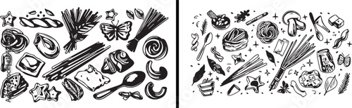 Kitchen Food Vector, Cooking Ingredient Icons, Culinary Illustration Set, Restaurant Kitchen Design, Food Preparation Artwork, Cafe Food Elements, Hand Drawn Kitchen Art, Seamless Food Pattern, Cookin
