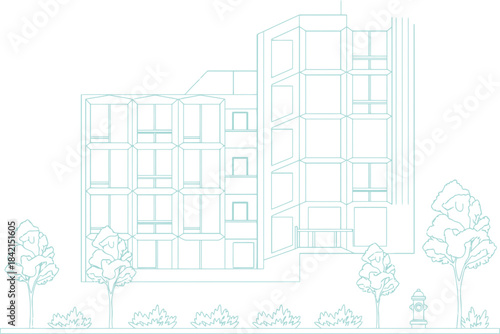 Modern Multi-Story Building with Trees and Fire Hydrant in Front