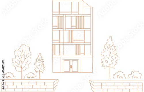 Modern apartment building with trees and brick wall, architectural illustration