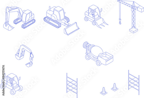 Construction equipment and vehicles illustrations for building and engineering projects