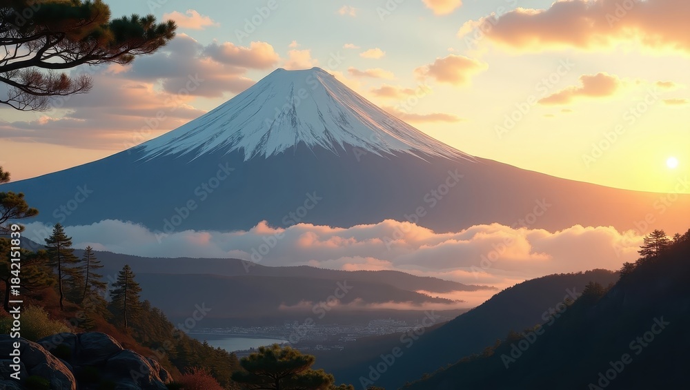 Fototapeta premium Sunrise landscape of Mount Fuji with glowing sky and calm lake water perfect for tourism visuals nature wallpapers and peaceful environment concepts