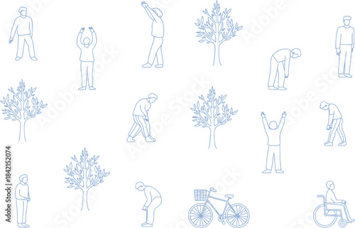 People exercising and tree planting with bicycle and wheelchair accessibility CAD Architectural Drawings