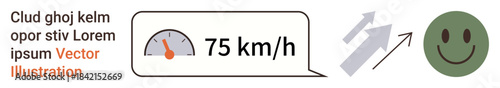 Vehicle speed tracking, direction indicators, measurement tools, navigation systems, dashboard design, road safety. Speedometer reading 75 kmh with arrow direction and happy face. Vehicle speed