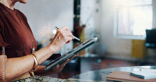 Tableau sur toile Small business, stylus or hands of entrepreneur with tablet, monitor expenses or track revenue income
