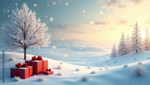 Serene snowy forest landscape with colorful presents for holiday season imagery winter promotions and cheerful Christmas illustrations