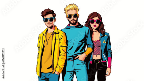 Stylish young men and woman wearing sunglasses and fashionable clothes, vibrant vector illustration
