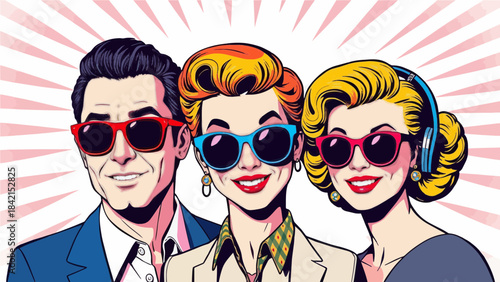 Retro vector illustration of three stylish friends wearing sunglasses, capturing a vintage vibe with a pop-art aesthetic, perfect for advertising and design projects