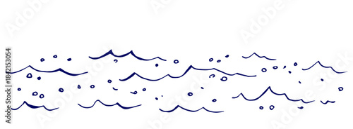 Water surface, ripples, waves and bubbles, sea and ocean. Nature and seascape. A hand-drawn vector contour drawing. Sketch in blue ink.