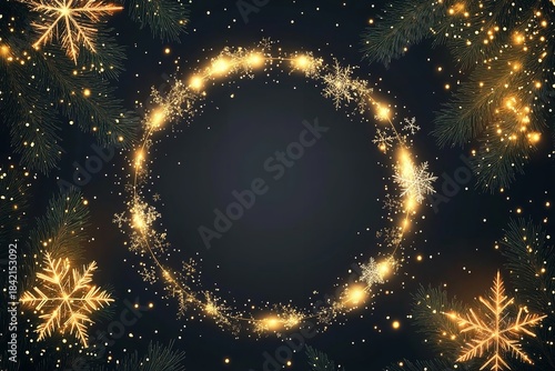 Sparkling Golden Christmas Wreath with Snowflakes on Dark Background, Generative AI.