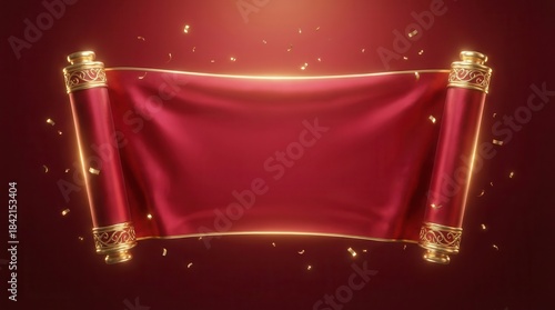 Red banner with gold trim and scrolls.