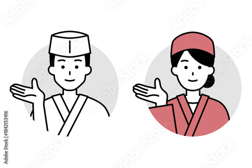 案内する和食屋の男女の店員のアイコン　セット