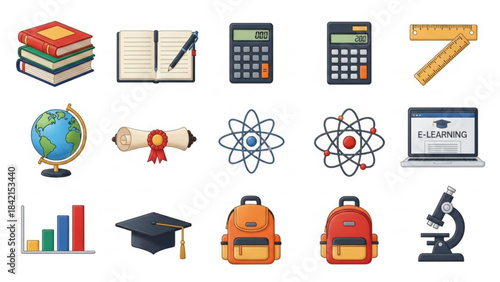 Education Elements: A visual collection of essential educational elements including books, calculators, globe, graduation hat, and microscope arranged to showcase core educational concepts.