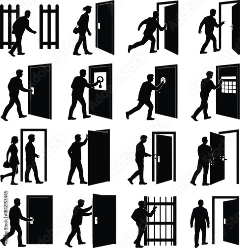 Silhouettes of people interacting with doors and gates