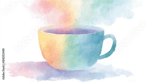 虹色の蒸気が立ち上る幻想的な水彩カップイラスト背景素材