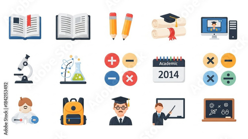 Learning Icon Set: A vibrant and diverse collection of education icons, showcasing key elements of the learning process including books, science equipment, and student essentials.