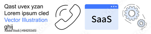 Software solutions, communication technology, SaaS tools, customer support, business automation, tech integration. Phone icon, software interface and gear graphics. Communication technology and SaaS