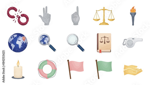 Justice and Freedom Icons: Symbolic icons represent various concepts such as justice, freedom, and the environment. Capturing the essence of legal fairness and global awareness.