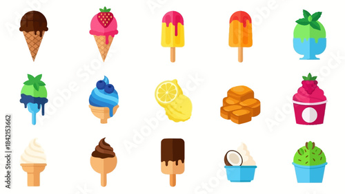 A Variety of Ice Cream: A colorful collection of delightful ice cream treats, showcasing a vibrant assortment of flavors, shapes, and styles perfect for a summer day.