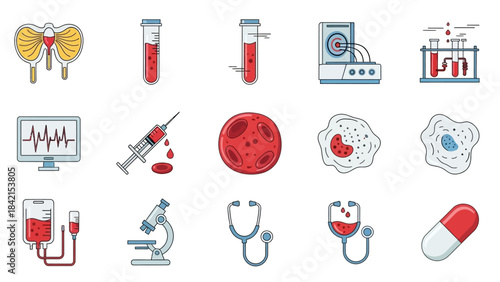 Science and Healthcare Icons: A detailed illustration showcasing a comprehensive set of medical and scientific icons, perfect for representing healthcare, research, and laboratory work.
