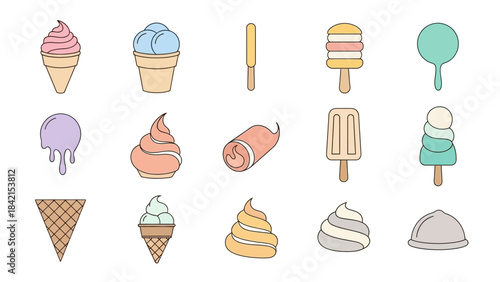 Ice cream icons and elements : Delightful icons of ice cream and related elements such as cones and scoops, offering a cool and tempting glimpse into the world of sweet treats. 