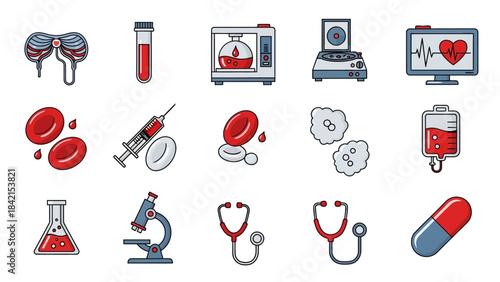 Blood Test Equipment: Medical illustration showcasing various tools and instruments utilized for blood testing and analysis, reflecting the vital work done in laboratories and clinics.