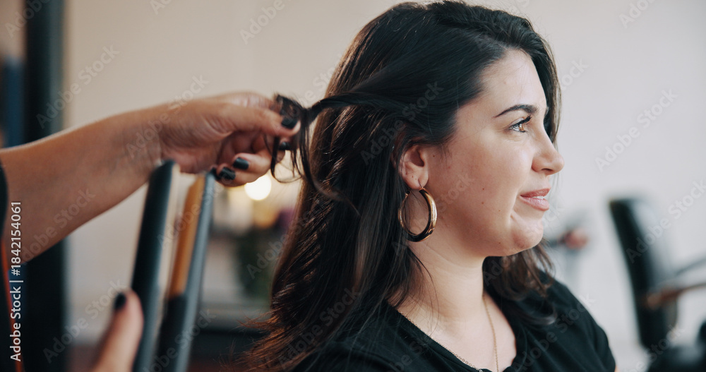 Fototapeta premium Client, hairstylist and straightener with woman in salon for cosmetology, beauty and grooming. Hairdresser, parlor and customer makeover with people in store for hair care, relax and flat iron