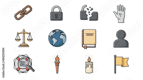 Icon Set - Principles of Rights and Regulations: A collection of diverse icons, symbolizing essential legal, social, and security concepts.