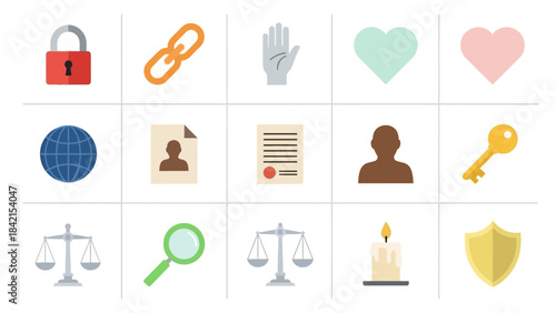 Symbolic Icons: A collection of various icons representing digital security, protection, and universal symbols of connection. conveying essential concepts in a clean and modern design.