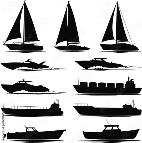 Set of various boat and ship silhouettes
