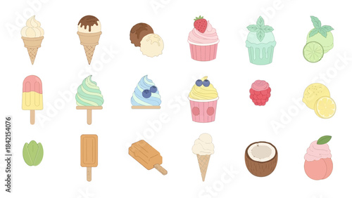 Sweet Treat Selection: A tempting assortment of delicious ice cream cones and popsicles, perfect for a refreshing summer treat, a delightful mix of flavors, ready to satisfy any sweet tooth.