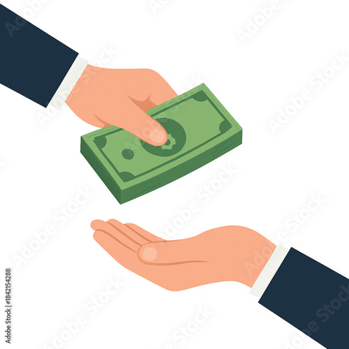 Hand giving cash money to another hand for payment or loan