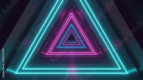 Animating Neon Triangles Moving Through Dark Tunnel with Colorful Light Effects