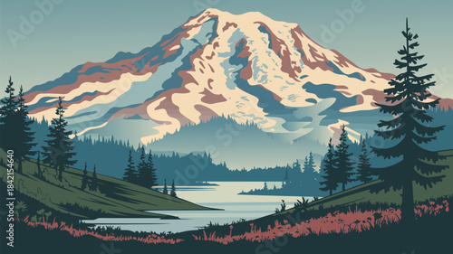 Majestic Mount Rainier Landscape, Scenic View of Mountain, Lake, and Forest Vector