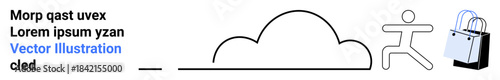 E-commerce, online shopping, retail, logistics, delivery, business. Line art showing a cloud, stylized person and shopping bag. E-commerce and online shopping concept